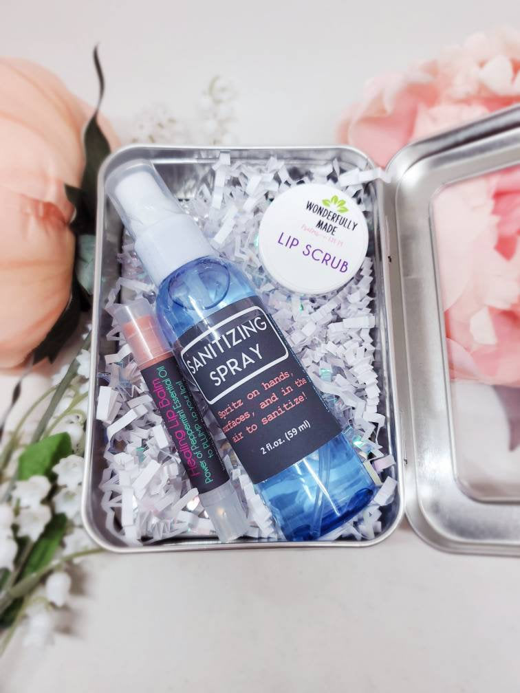 Spa Gift Basket | All Natural Organic | Tobacco Flower Floral Scent | Mini Spa and Relaxing Kit | Metal Tin Box | Lip Balm Lotion Lip Scrub - Renee Lane Company