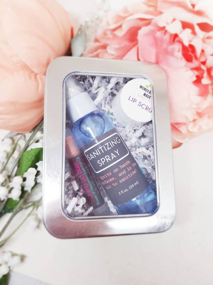 Spa Gift Basket | All Natural Organic | Tobacco Flower Floral Scent | Mini Spa and Relaxing Kit | Metal Tin Box | Lip Balm Lotion Lip Scrub - Renee Lane Company