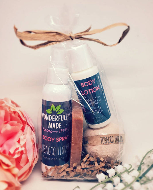 Spa Gift Bundle | Tobacco Flower Lover Basket | All Natural Organic | Bath Bomb | Handmade Soap | Body Lotion | Body Spray Perfume | Wrapped - Renee Lane Company