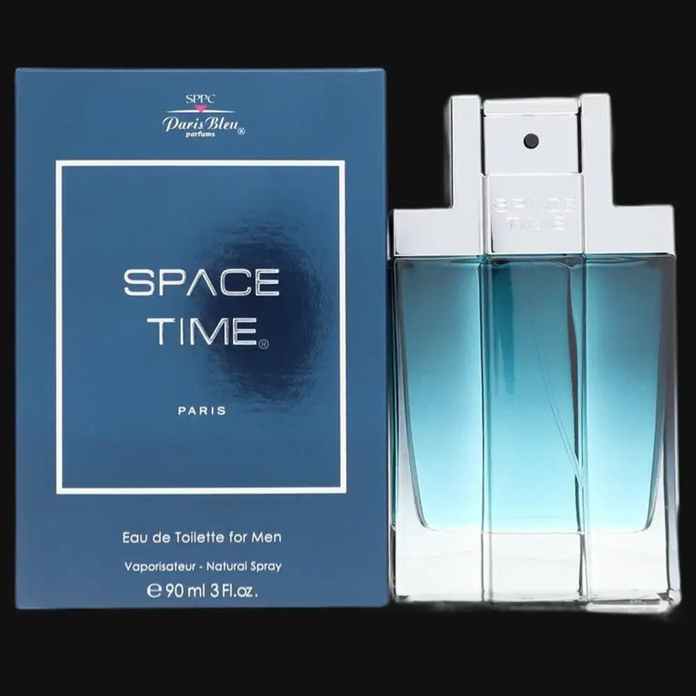Men's eau de toilette: blue Space Time box and clear glass spray bottle.