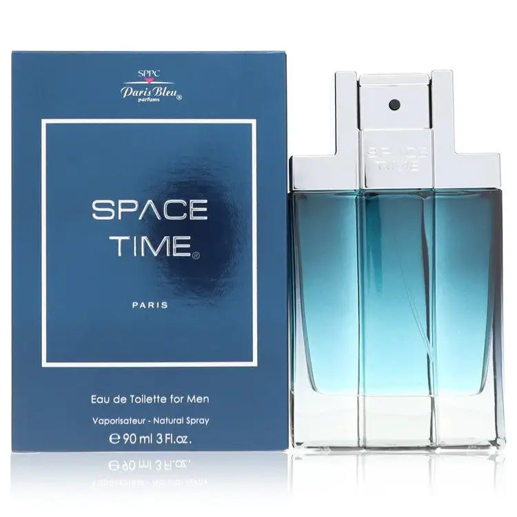 Men's eau de toilette: Space Time box next to clear glass spray bottle.