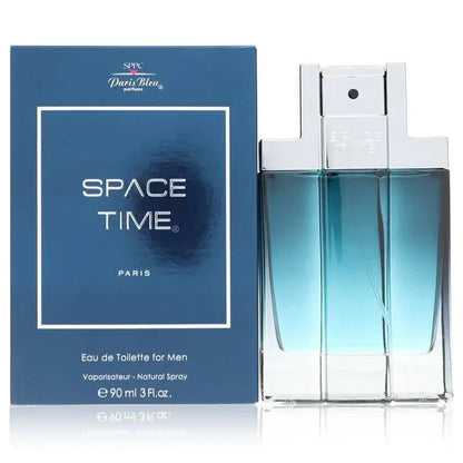 Men's eau de toilette: Space Time box next to clear glass spray bottle.