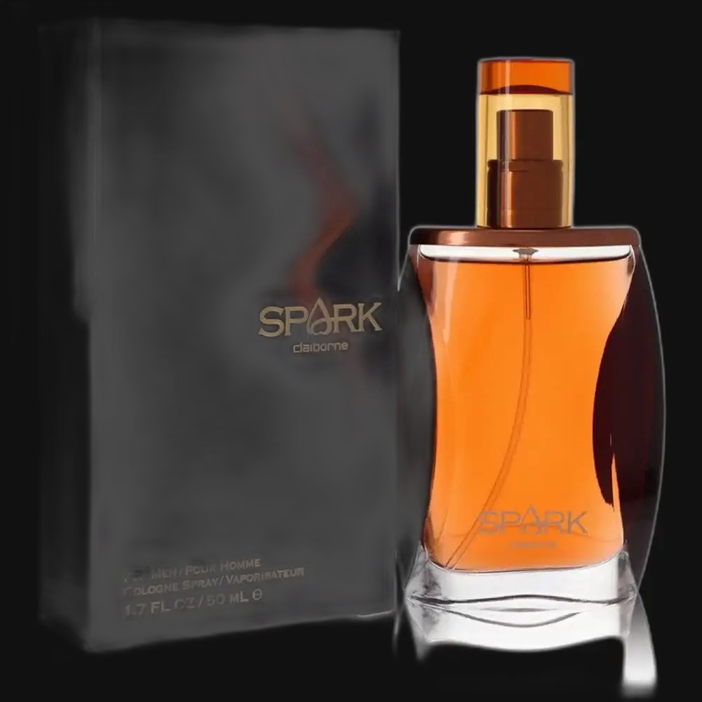 Liz Claiborne Spark men's cologne bottle with orange liquid and gold sprayer