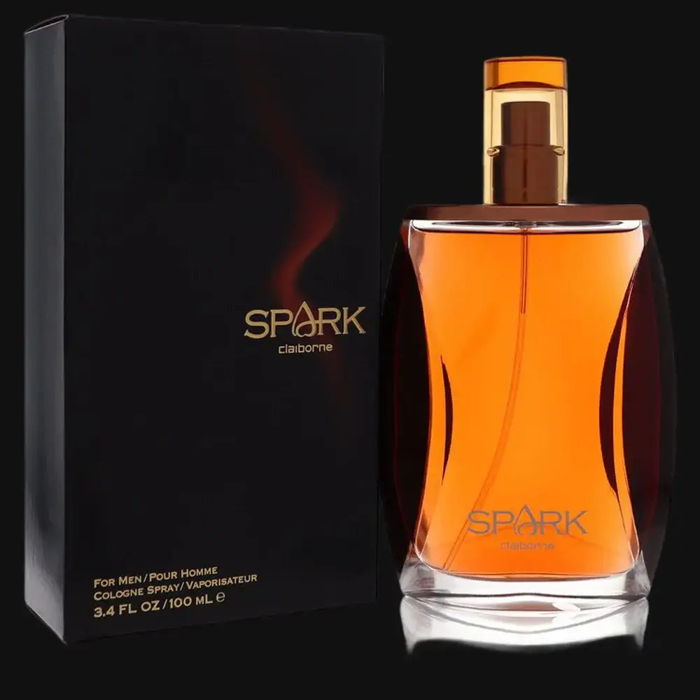 Men's cologne bottle with orange glass, gold cap, and reflective base