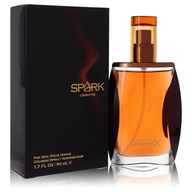 Men's cologne bottle and black gift box with Spark logo