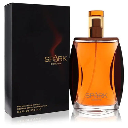 Men's cologne bottle with orange front panel and black box beside it