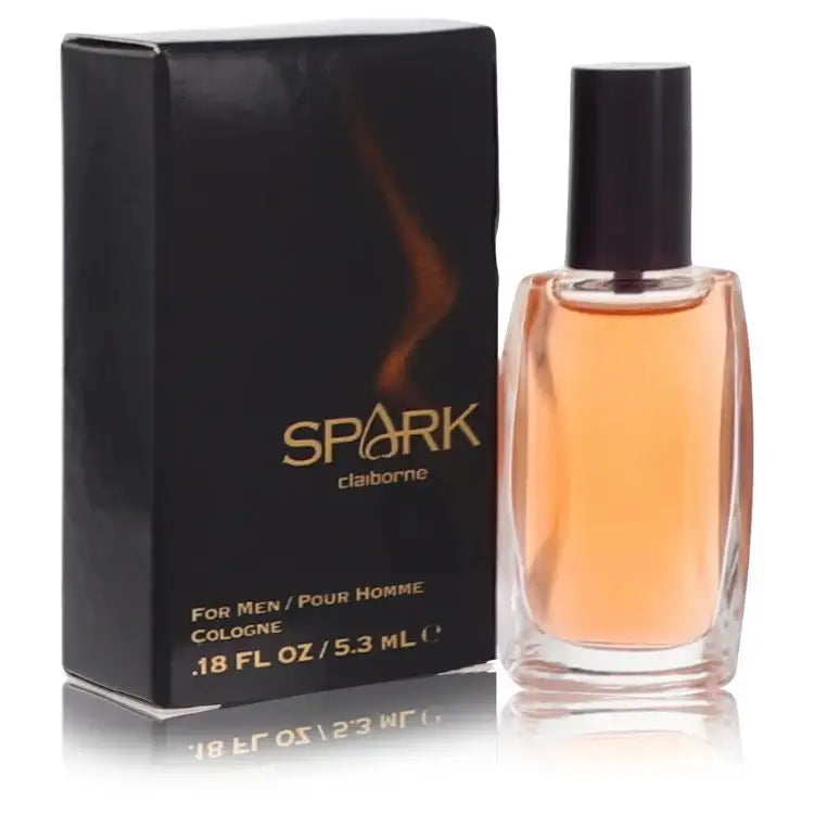 Liz Claiborne Spark men's cologne bottle and black box, amber liquid
