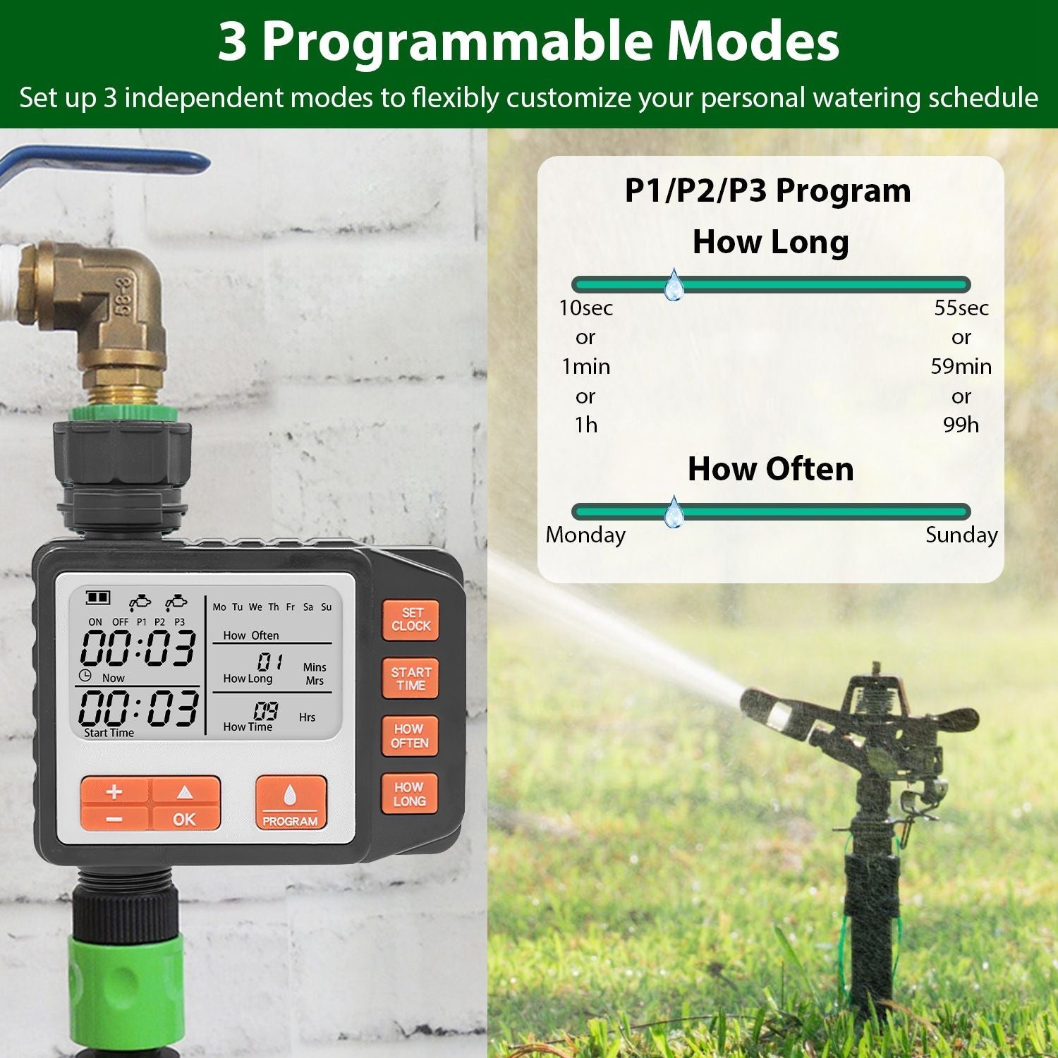 Sprinkler Timer with 3 Watering Programs Manual Mode Automatic Watering System Waterproof Irrigation Timer House Faucet Timer For Garden Yard Lawn - Renee Lane Company