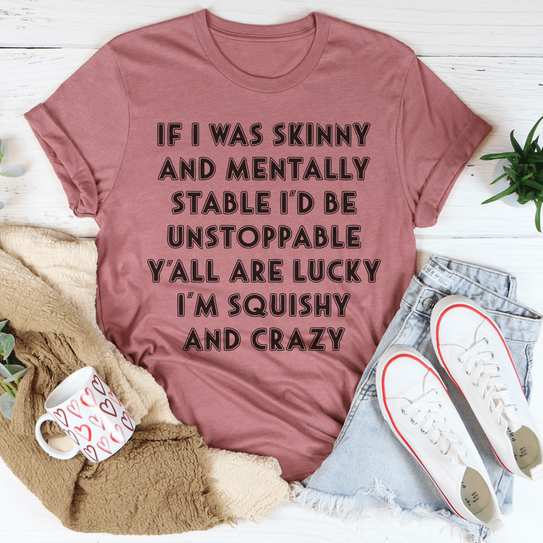 Dusty rose crew-neck T-shirt with bold quote graphic across chest