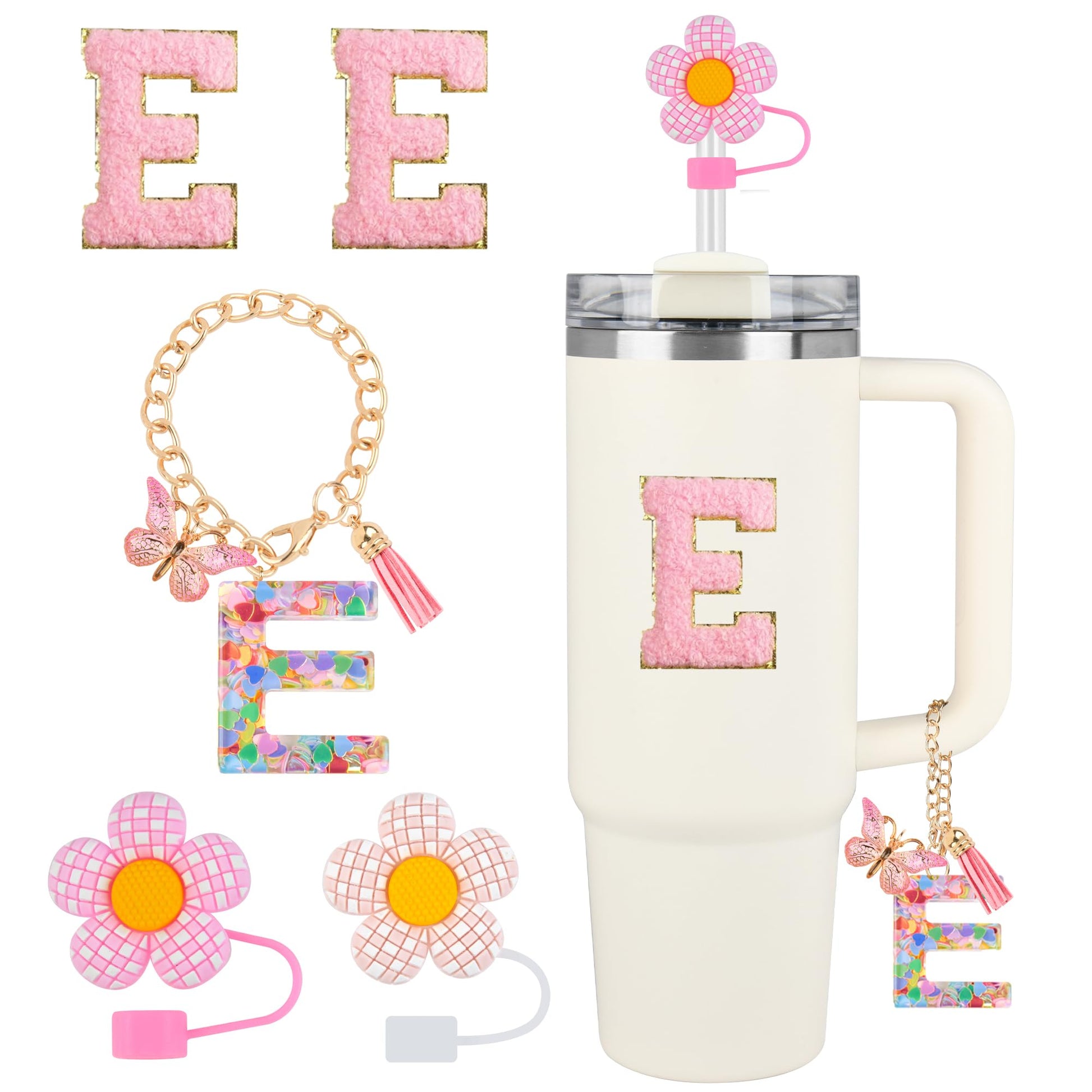 Stanley Cup Accessories 5PCS Tumbler Initials Decorations for Stanley Straw Toppers for Stanley Cup Straw Cover Cap Cute Letter Charms for Stanley 40 oz 30 oz Tumbler Sticker (E) - Renee Lane Company