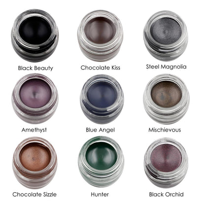 Waterproof gel eyeliner jars in assorted shades: black beauty, chocolate kiss, steel magnolia