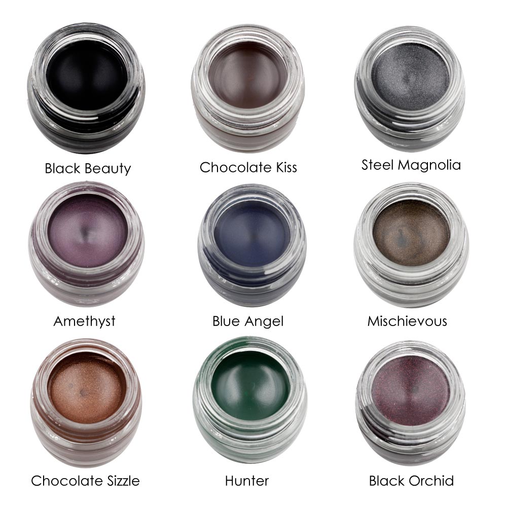 Assorted gel eye makeup pots in black, brown, purple, navy, green, and smoky gray tones