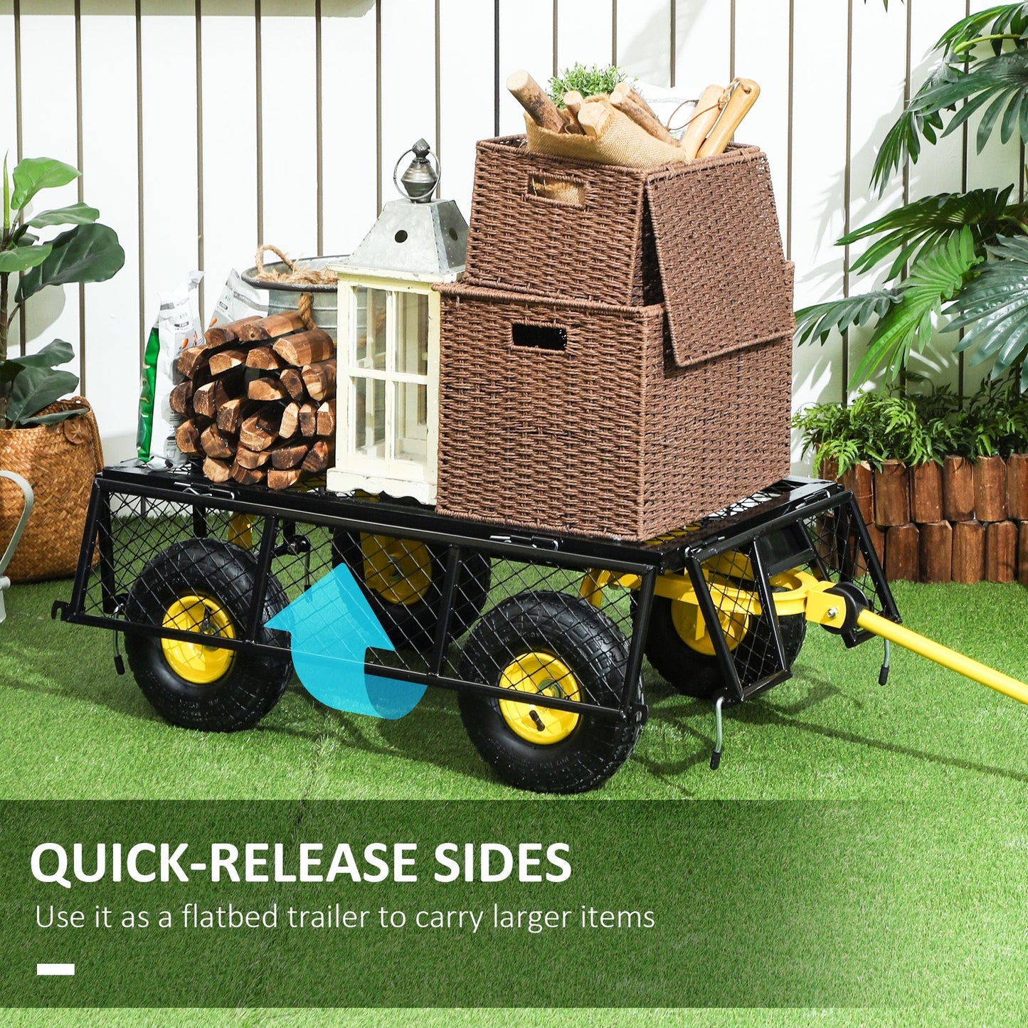 Steel Garden Cart, Utility Wagon with Removable Sides, 10" Wheels, 180° Rotating Handle, 440lbs Capatity - Renee Lane Company
