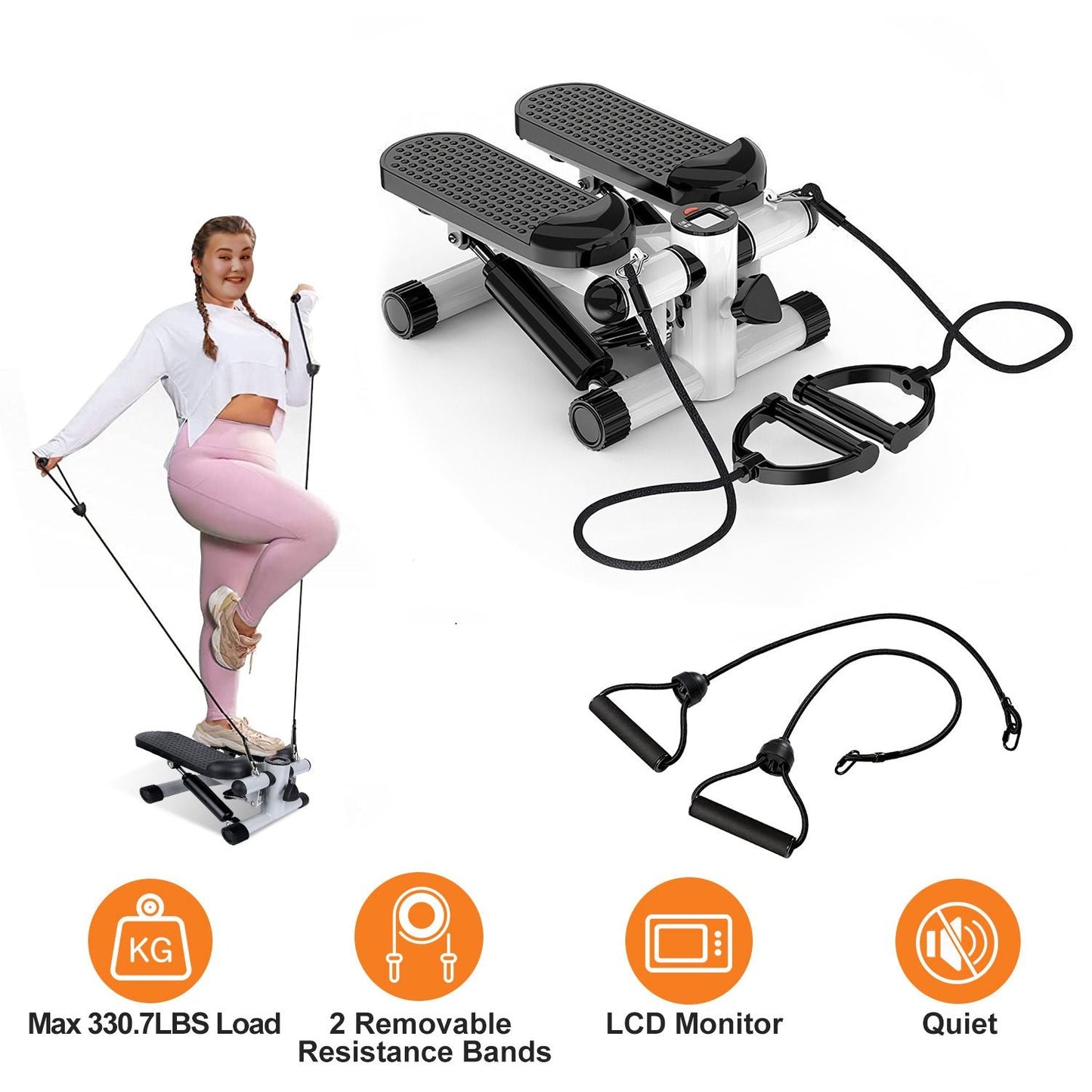 Stepper for Exercise Mini Fitness Stepper with 2 Resistance Bands LCD Monitor Max 330.7LBS Load Stair Stepper Quiet Stepper - Renee Lane Company