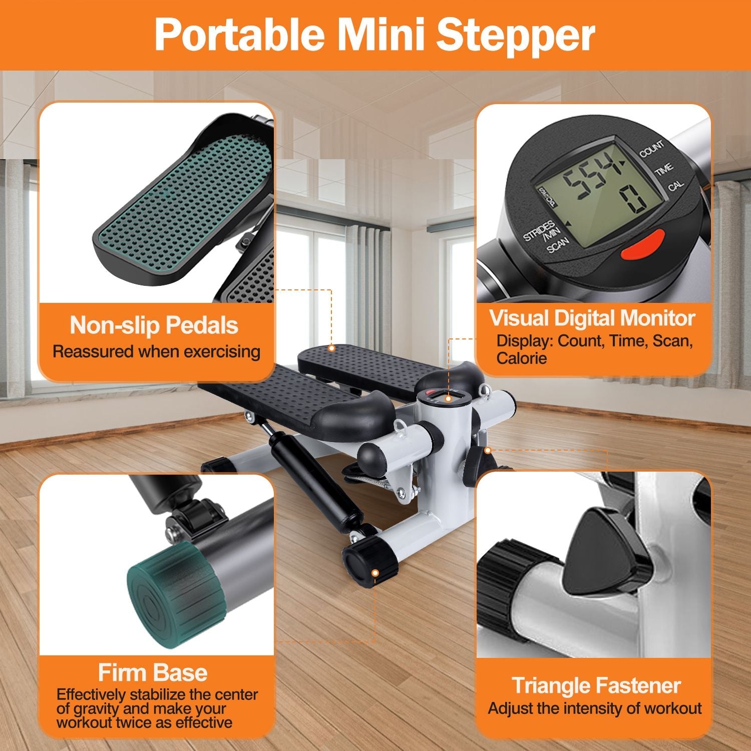Stepper for Exercise Mini Fitness Stepper with 2 Resistance Bands LCD Monitor Max 330.7LBS Load Stair Stepper Quiet Stepper - Renee Lane Company