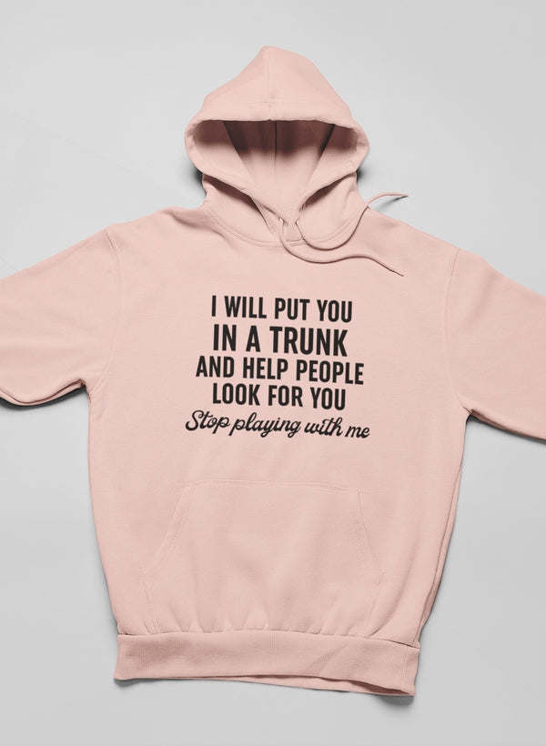 Light peach pullover hoodie with front graphic text and hood.