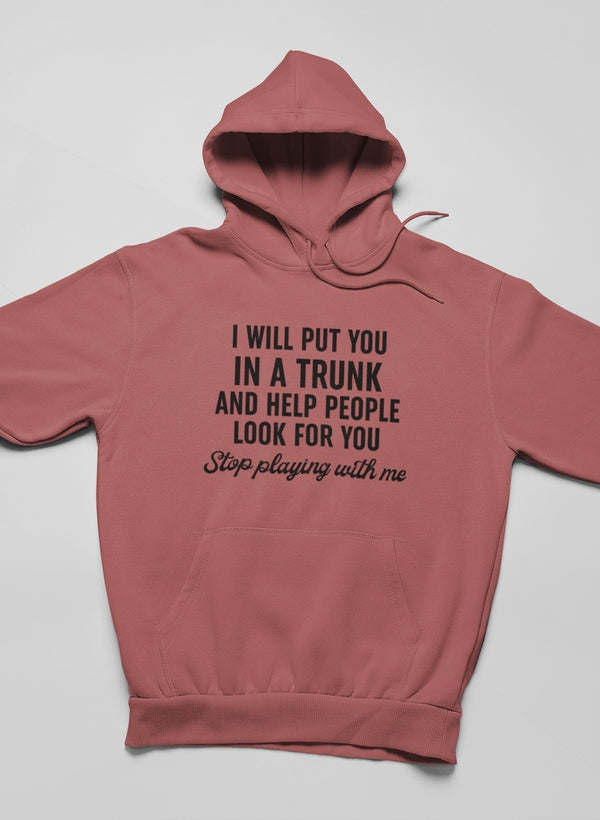 Mauve pullover hoodie with front graphic text and hood.