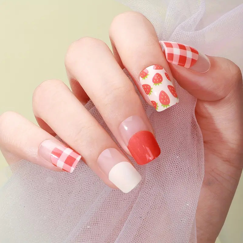 Strawberry Gingham Gel Nails - Renee Lane Company