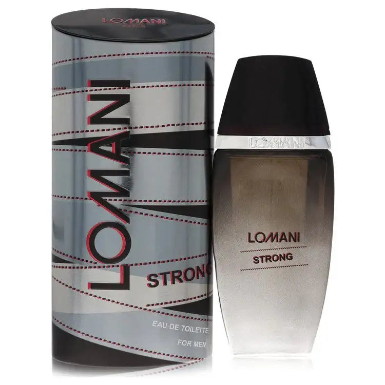 Men's eau de toilette bottle with Lomani Strong and matching packaging box
