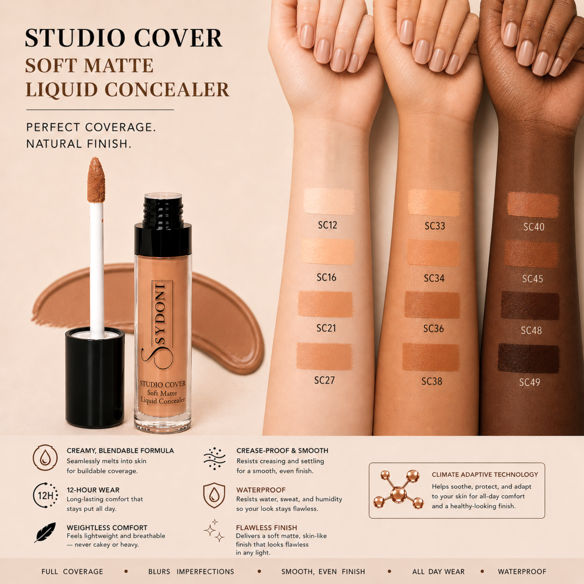 SYDONI STUDIO COVER SOFT MATTE LIQUID CONCEALER – Flawless Coverage, Seamless Finish 0.35 OZ. - Renee Lane Company