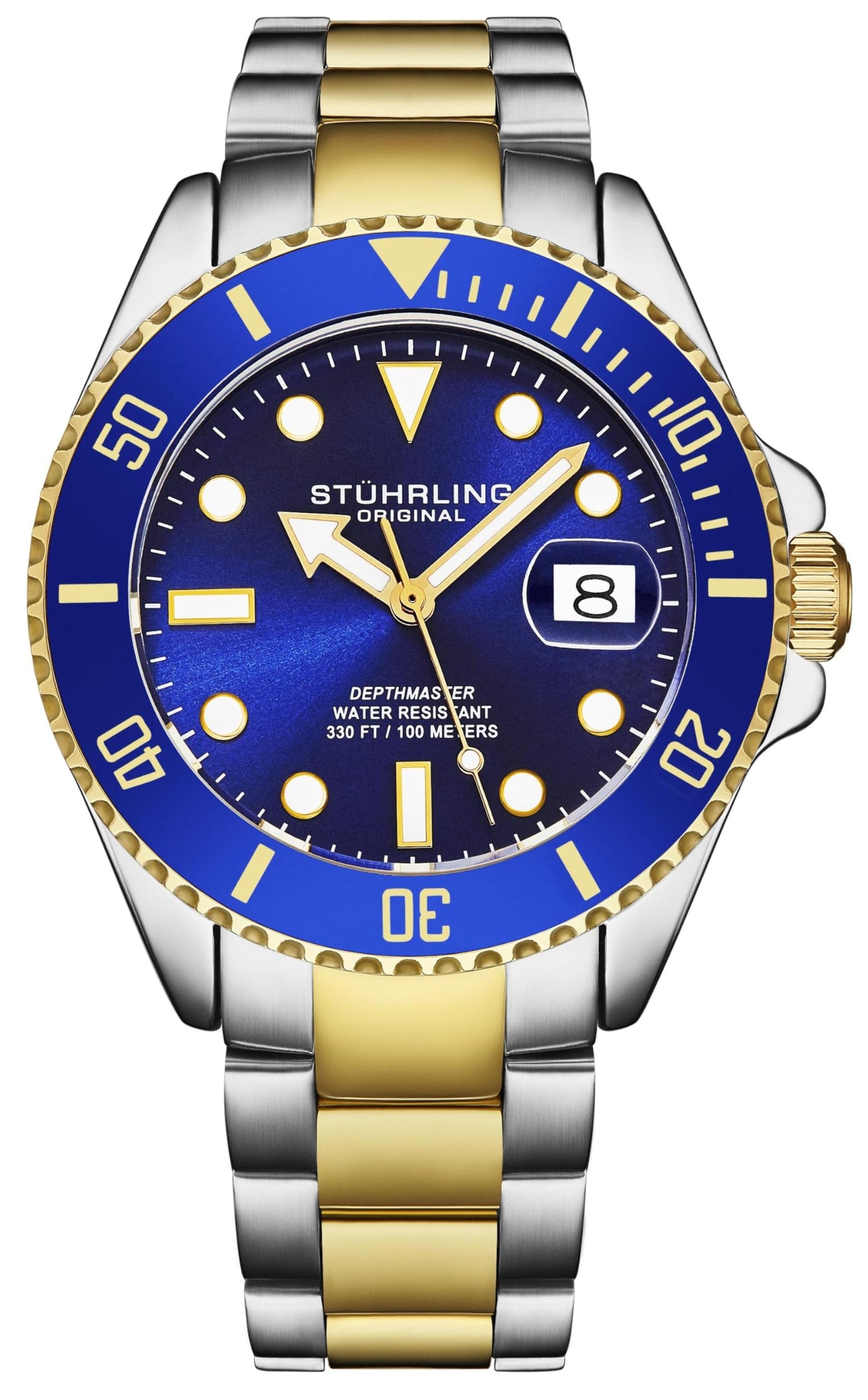 Stuhrling Original Mens Dive Watch Swiss Movement Stainless Steel Blue Dial Stainless Steel Bracelet 100M Water Resistant - Renee Lane Company