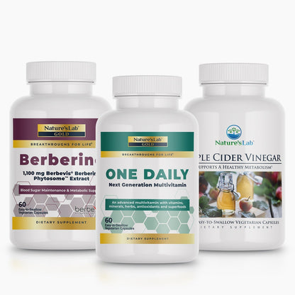 Three supplement bottles with berberine, one daily, and apple cider vinegar labels