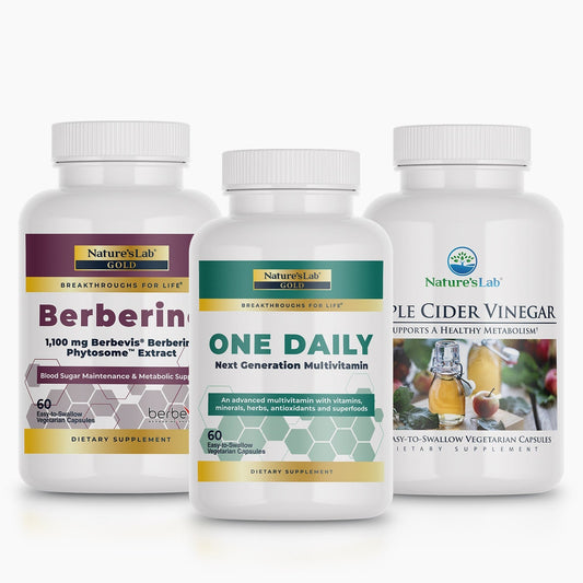 Three supplement bottles with berberine, one daily, and apple cider vinegar labels