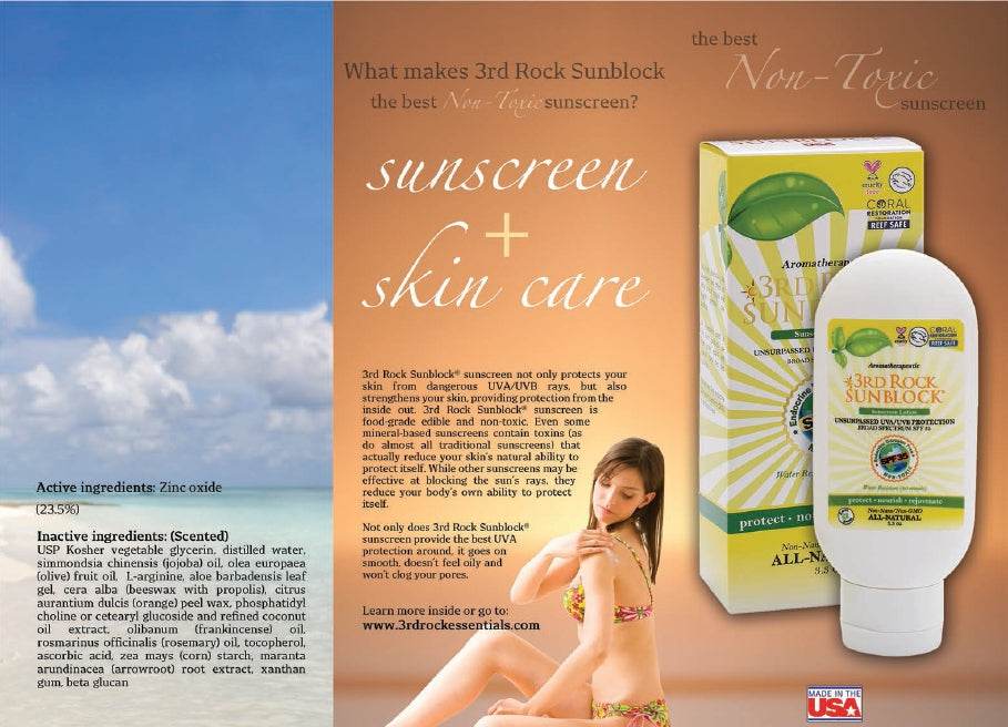 Sunscreen promotional card with product pack and non-toxic label