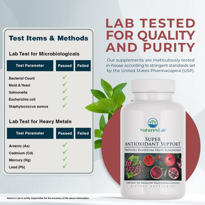 Nature’s Lab Super Antioxidant Support bottle with lab-tested quality and purity panel