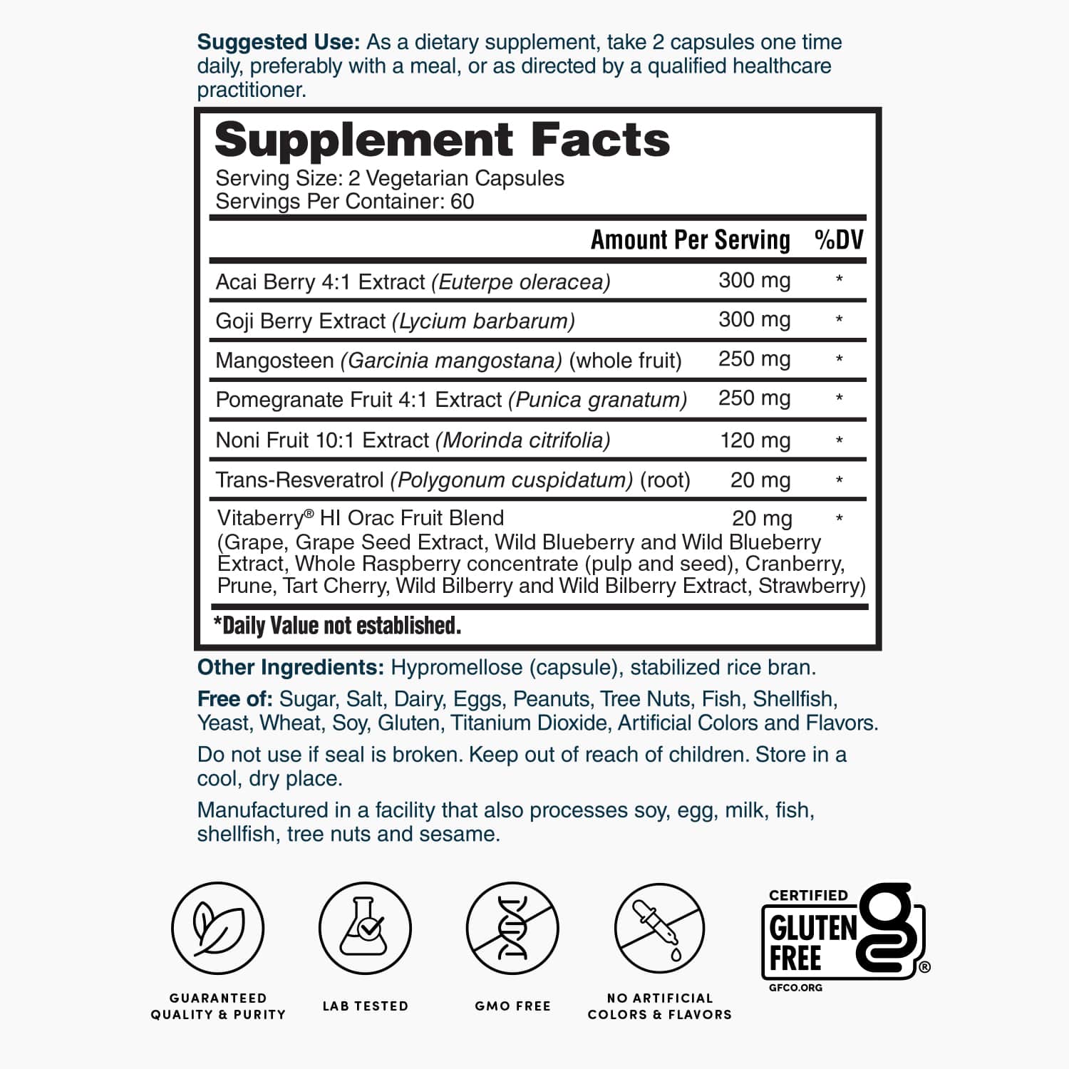 Supplement facts panel for Nature’s Lab Super Antioxidant Support, 2 capsules daily