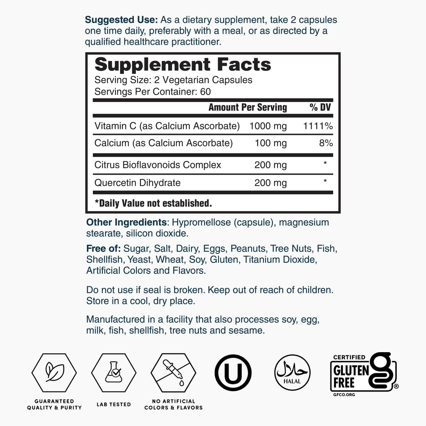 Supplement Facts label for Vitamin C supplement with ingredients and serving size table