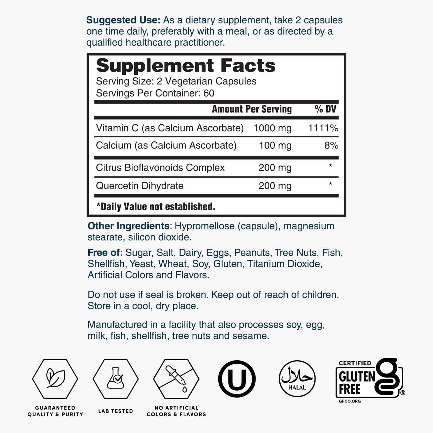 Supplement Facts label for Vitamin C supplement with ingredients and serving size table