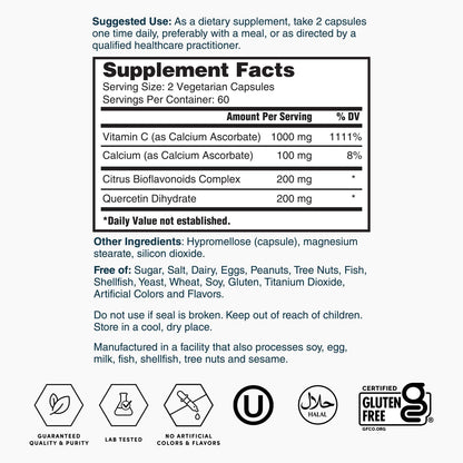 Supplement Facts label for Vitamin C supplement with ingredients and serving size table