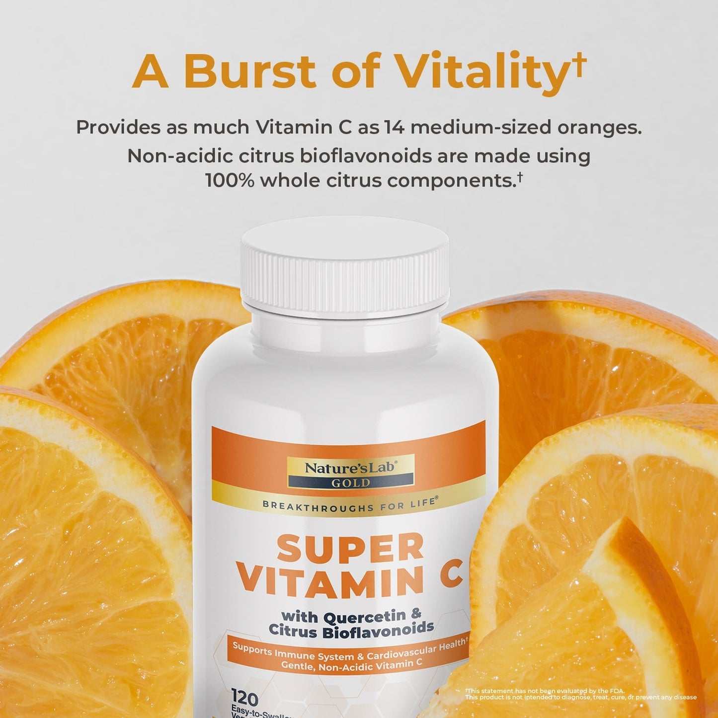 Vitamin C supplement bottle with orange label, surrounded by orange fruit slices
