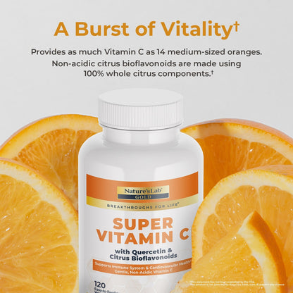 Vitamin C supplement bottle with orange label, surrounded by orange fruit slices