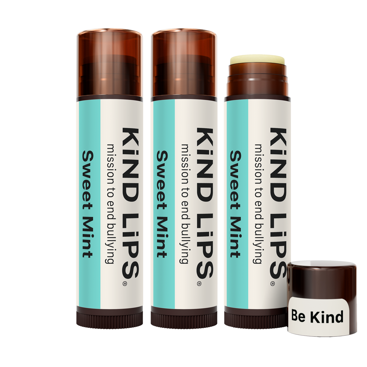 Kind Lips lip balm set with three tubes and mini balm, Sweet Mint labels, brown caps