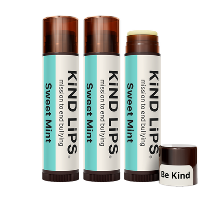 Kind Lips lip balm set with three tubes and mini balm, Sweet Mint labels, brown caps