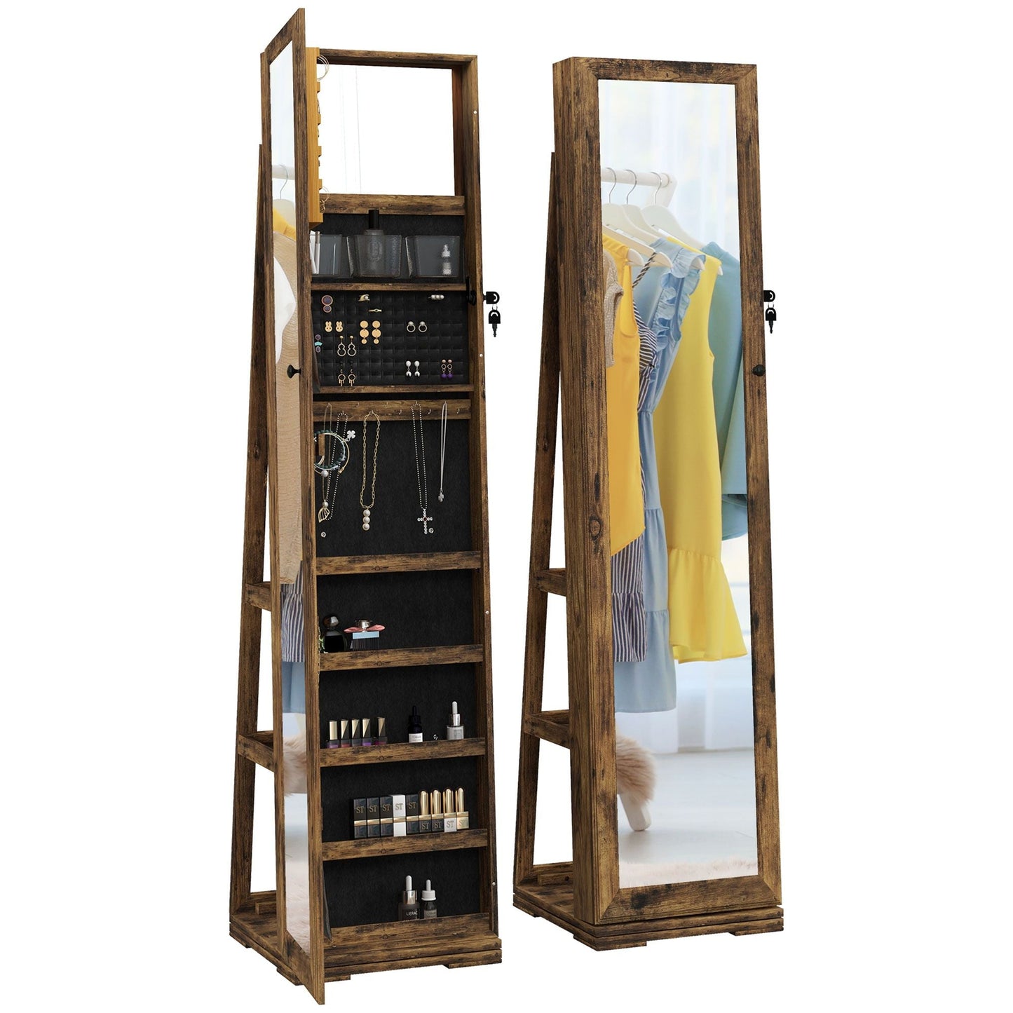 Swivel Jewelry Armoire, Lockable Mirror Jewelry Cabinet with Built-In Small Mirror, Rustic Brown - Renee Lane Company