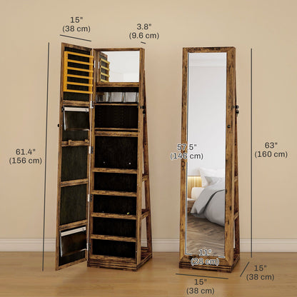 Swivel Jewelry Armoire, Lockable Mirror Jewelry Cabinet with Built-In Small Mirror, Rustic Brown - Renee Lane Company