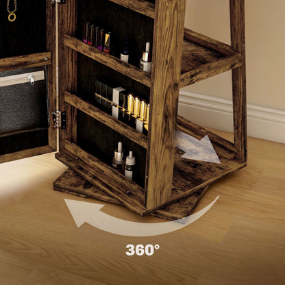 Swivel Jewelry Armoire, Lockable Mirror Jewelry Cabinet with Built-In Small Mirror, Rustic Brown - Renee Lane Company