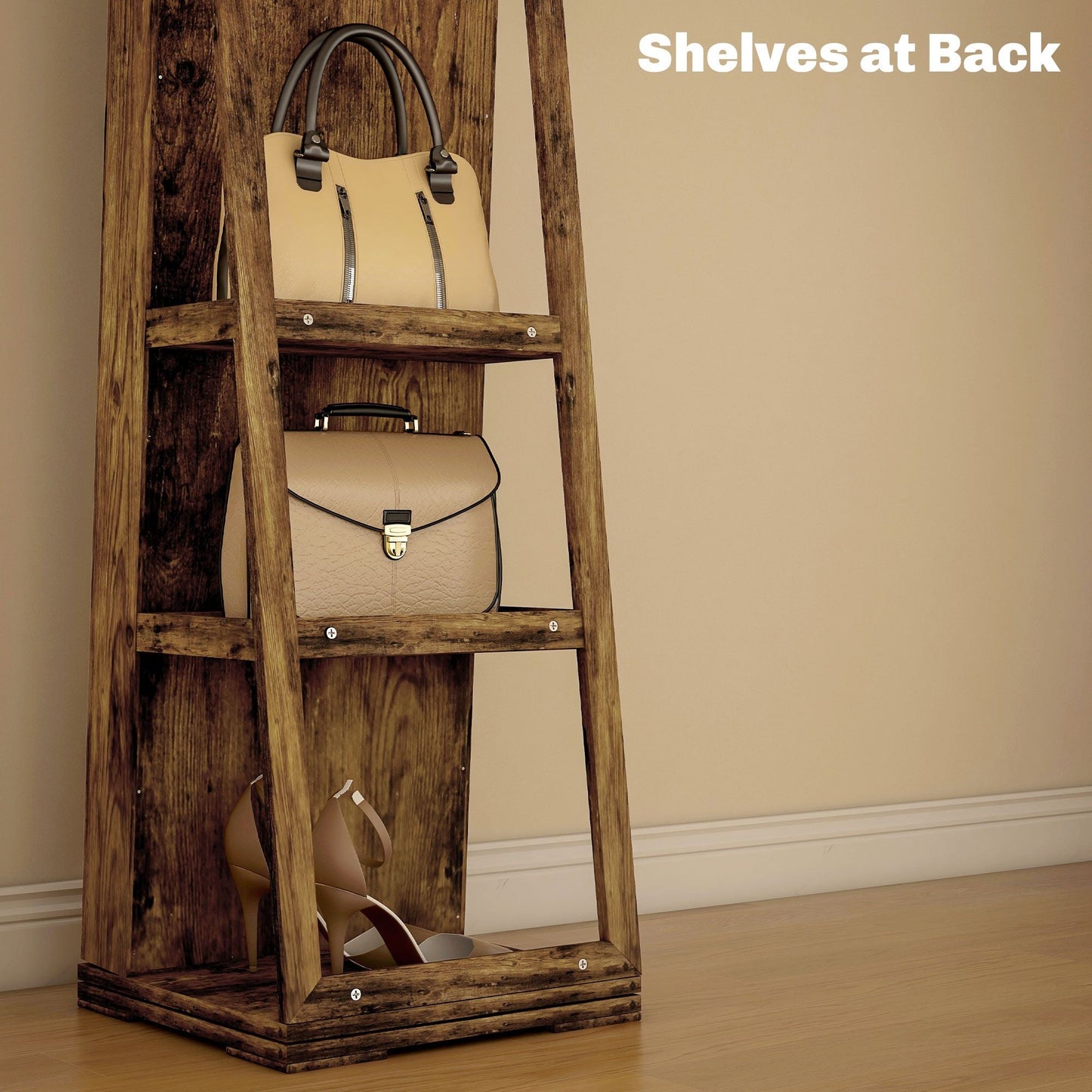 Swivel Jewelry Armoire, Lockable Mirror Jewelry Cabinet with Built-In Small Mirror, Rustic Brown - Renee Lane Company