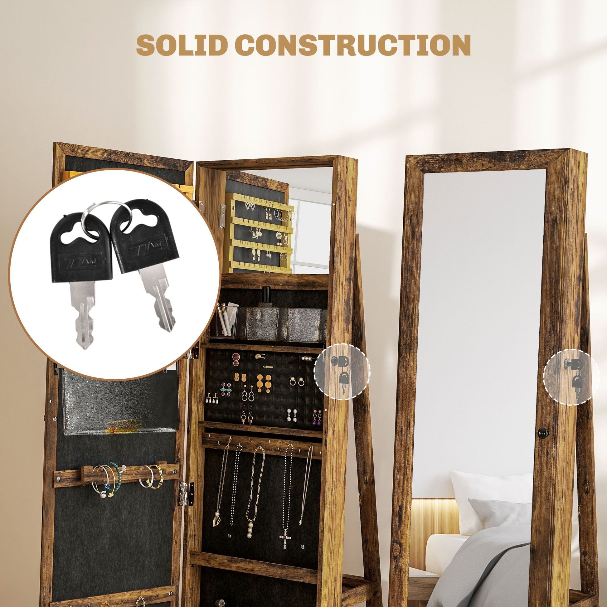 Swivel Jewelry Armoire, Lockable Mirror Jewelry Cabinet with Built-In Small Mirror, Rustic Brown - Renee Lane Company
