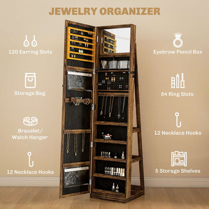 Swivel Jewelry Armoire, Lockable Mirror Jewelry Cabinet with Built-In Small Mirror, Rustic Brown - Renee Lane Company