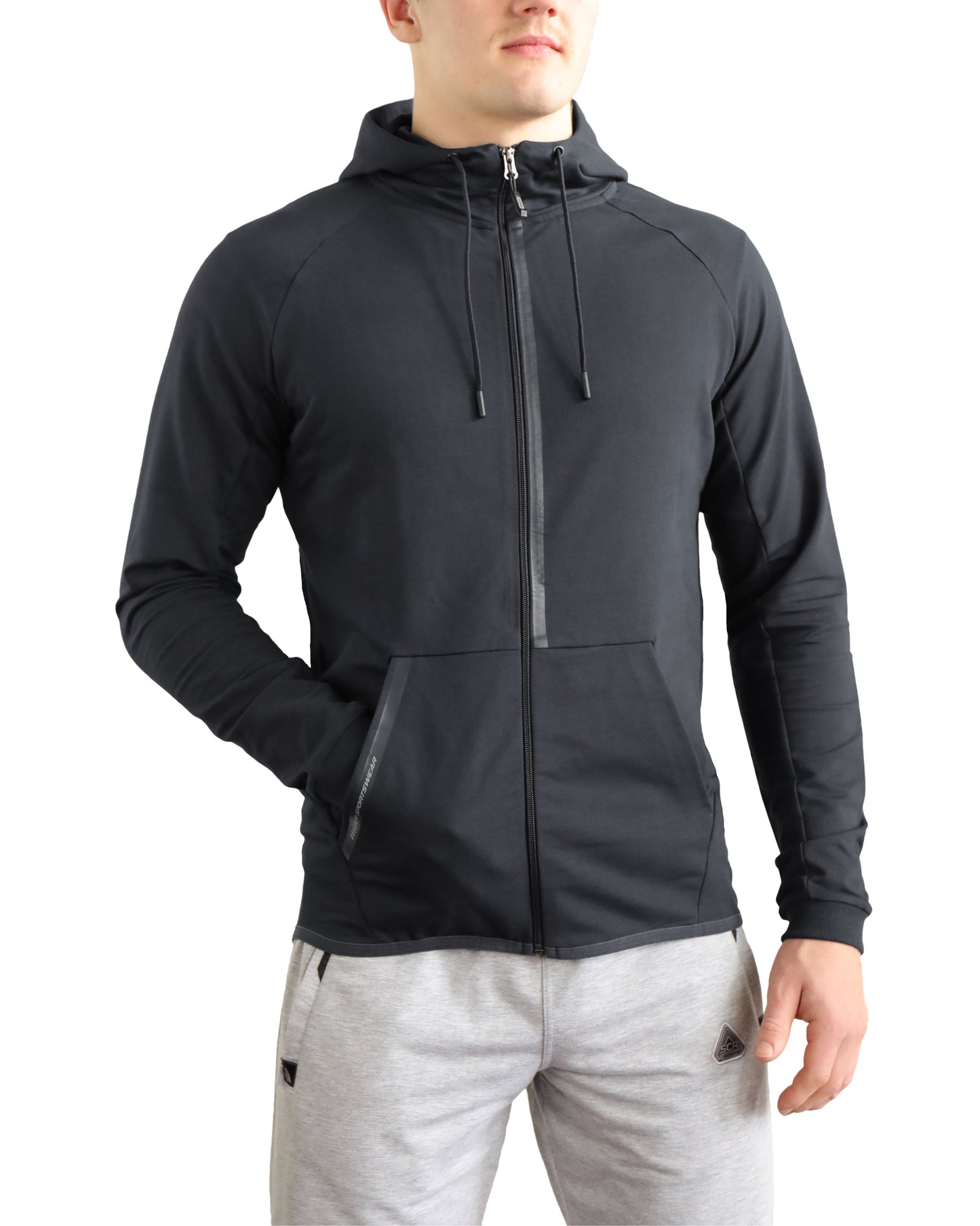 Black slim-fit hooded sweatshirt with full front zipper and drawstring hood