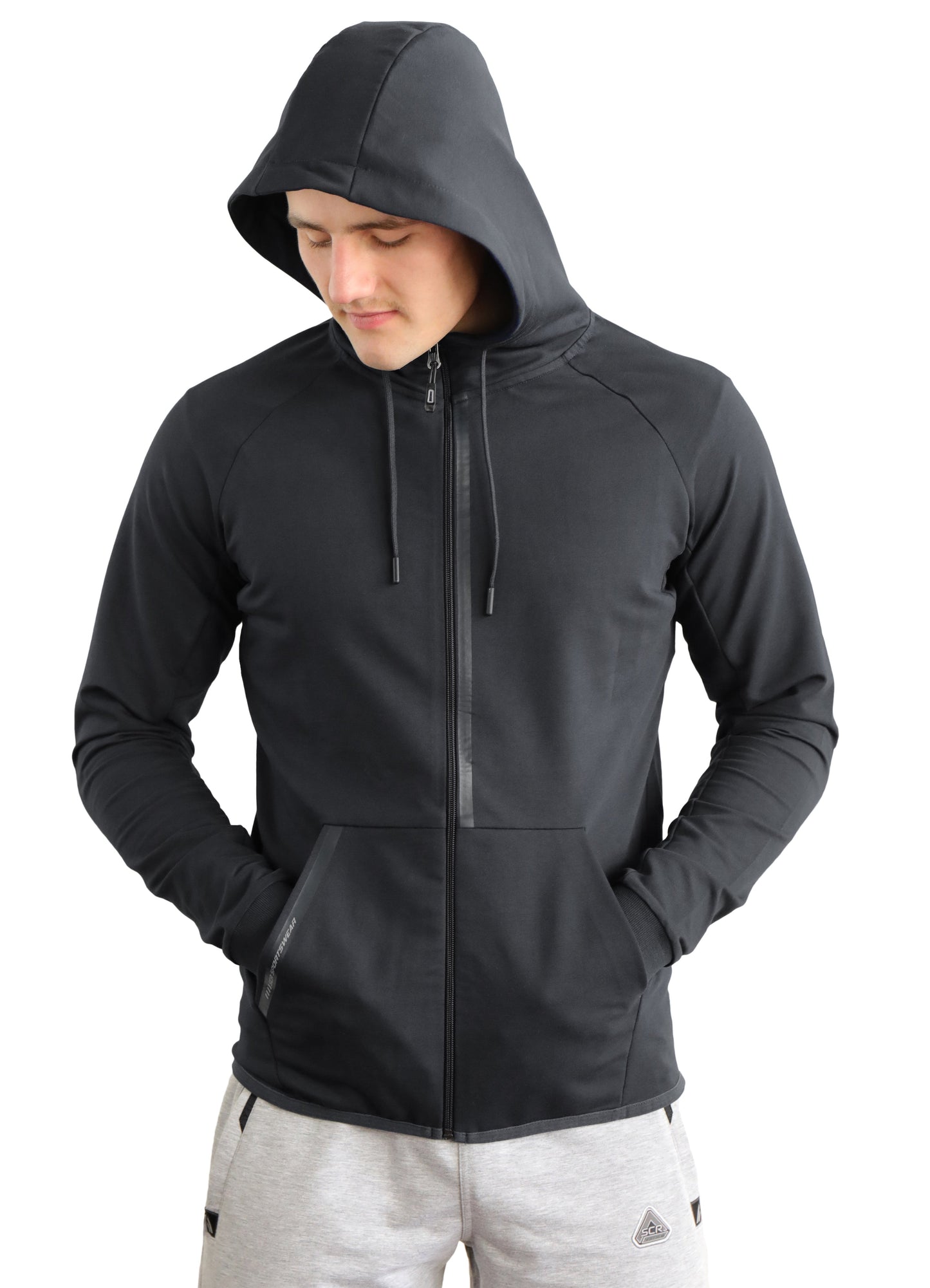 Black slim-fit hooded sweatshirt with zip front and drawstring hood