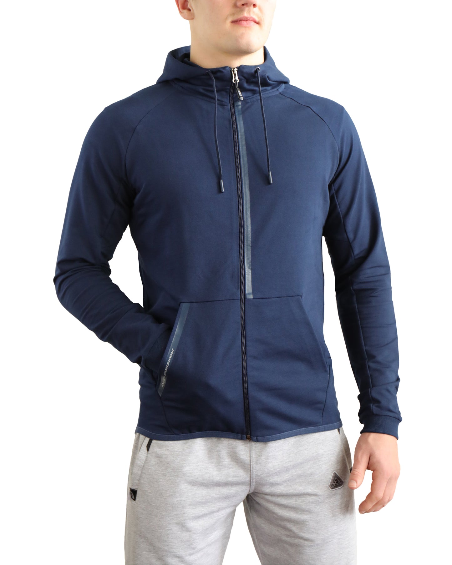 Navy slim-fit zip-up hooded sweatshirt with drawstring and front pockets.