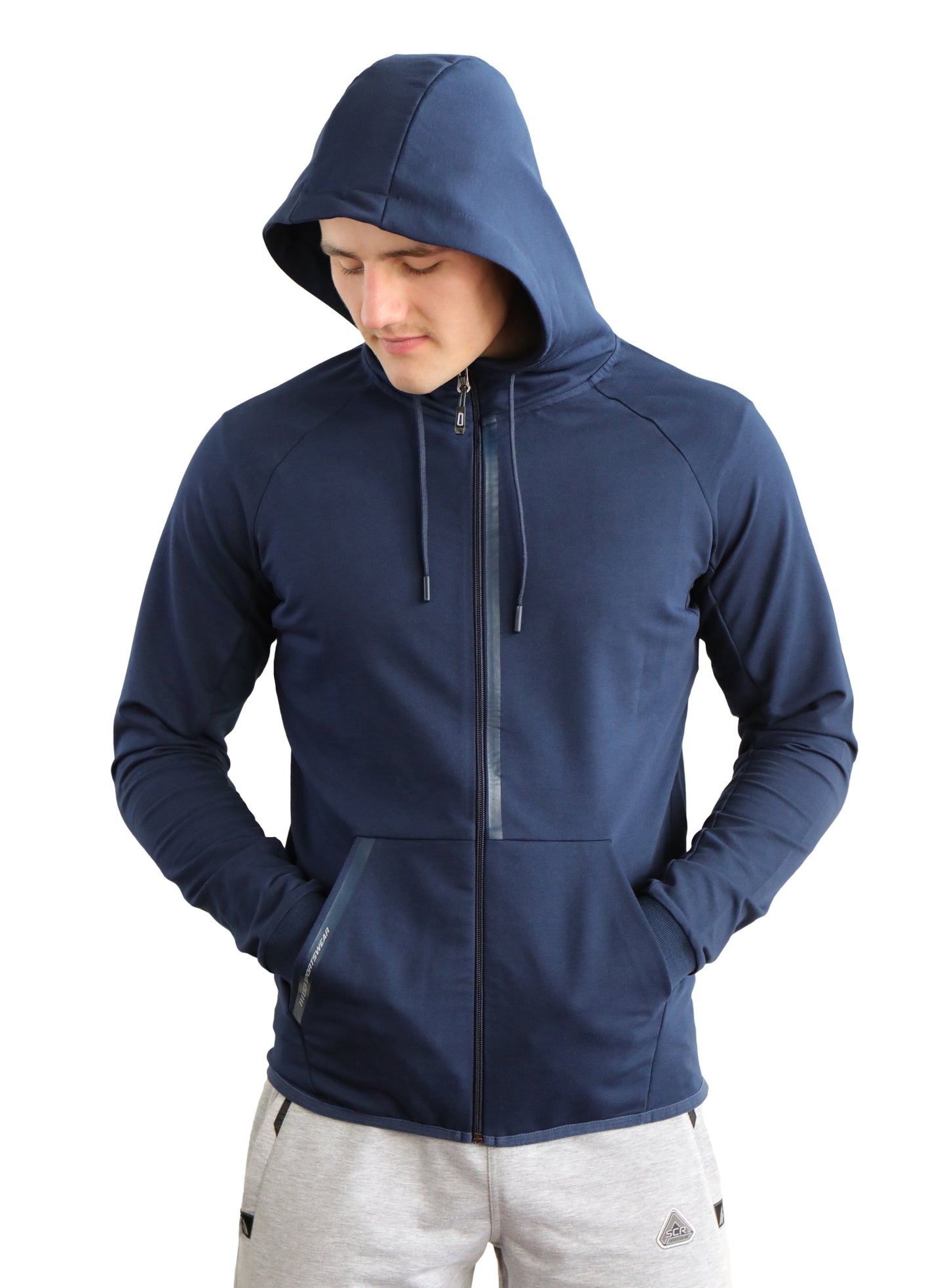 Navy slim-fit zip-up hooded sweatshirt on model, with drawstring hood.