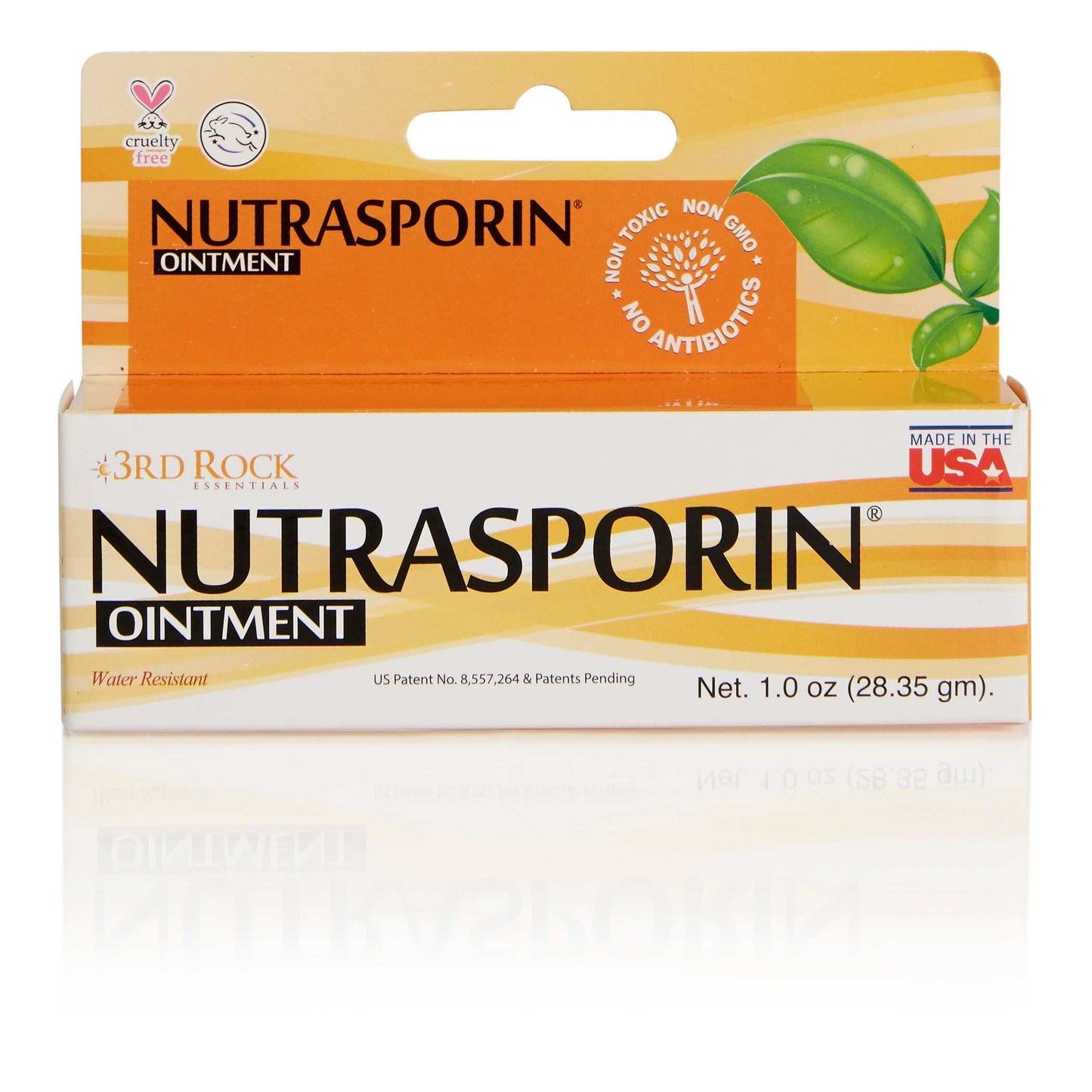 Nutrasporin ointment carton with orange front panel and leaf emblem