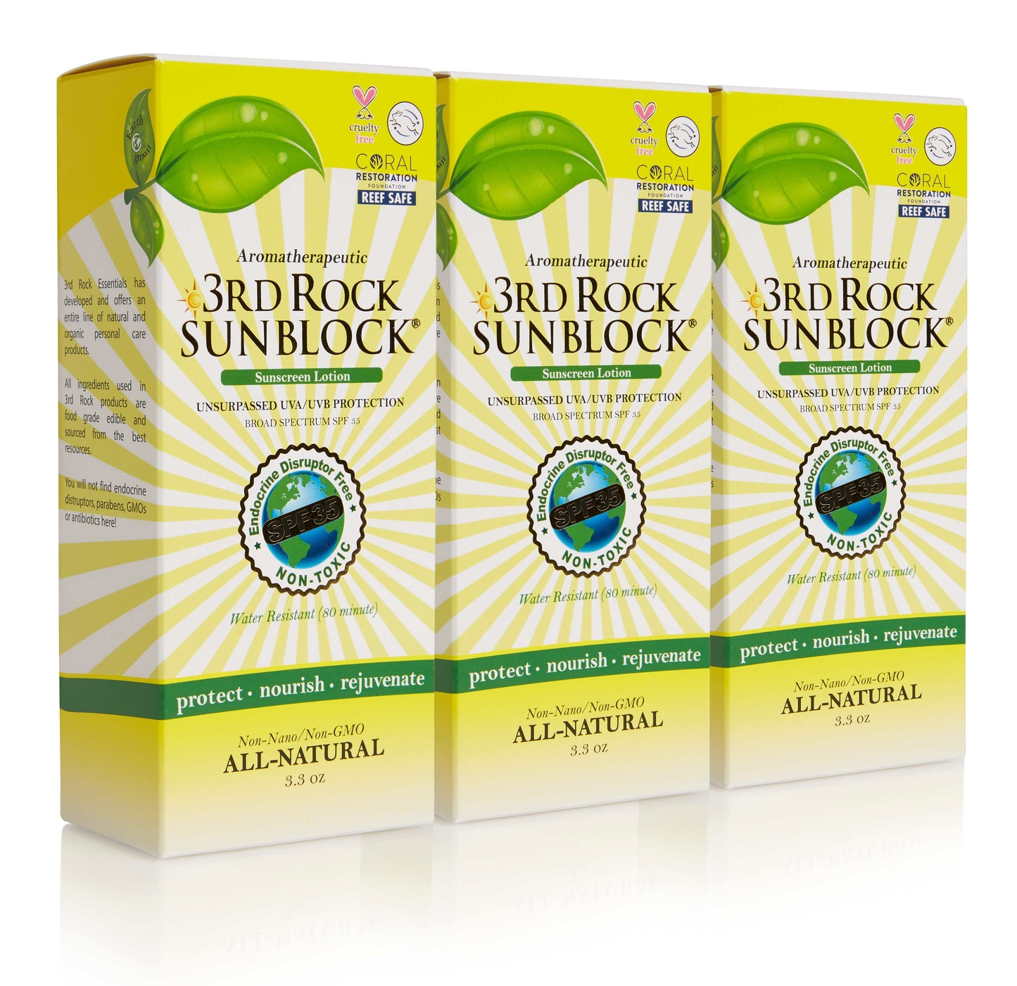 Three sunscreen lotion boxes with green leaf label and SPF 35