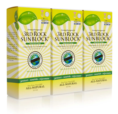 Three sunscreen lotion boxes with green leaf label and SPF 35